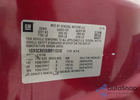 2011 Chevrolet Tahoe Lt z USA, uszkodzony, nr VIN 1GNSCBE0XBR110242